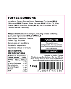 60x60mm Toffee Bon Bons Ingredients Labels 